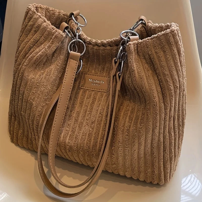 Stylish Corduroy Tote Bag for Women, Large Capacity Plush Shoulder Bag, Versatile Commuter & Travel Bag.