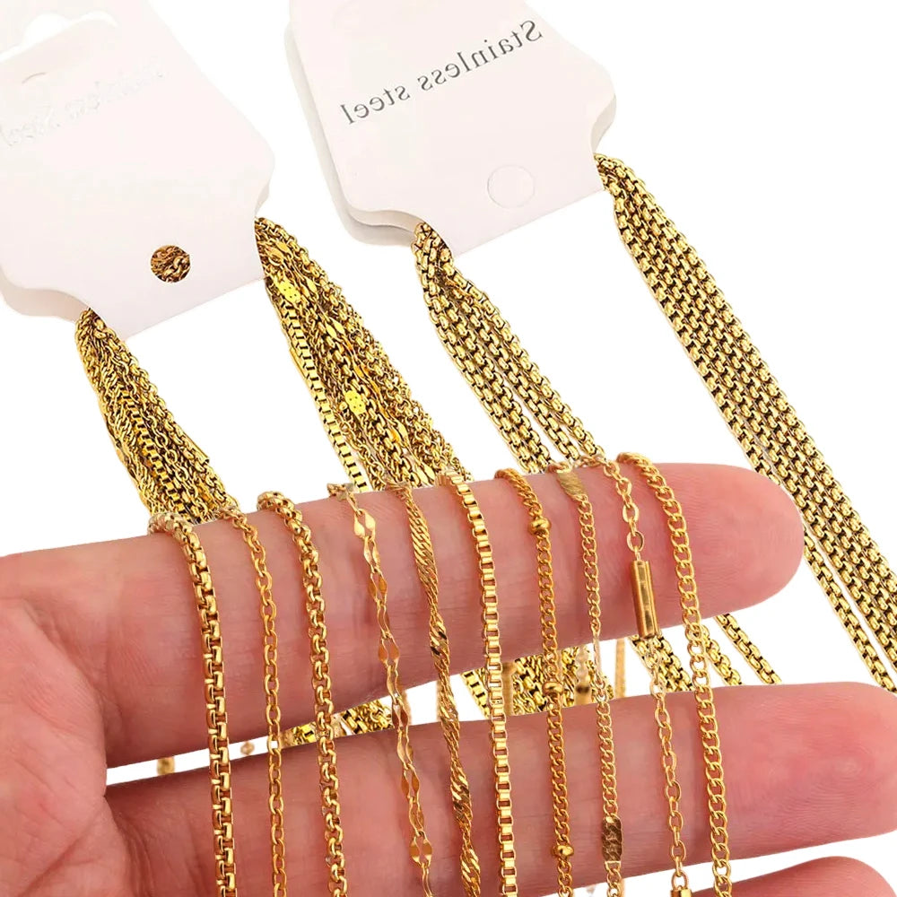 5Pcs Stainless Steel Bead Chain Cuba Cross O Ripple Chain Necklace Plated Gold 45CM Adjustable Chain Lobster Clasp DIY Necklace