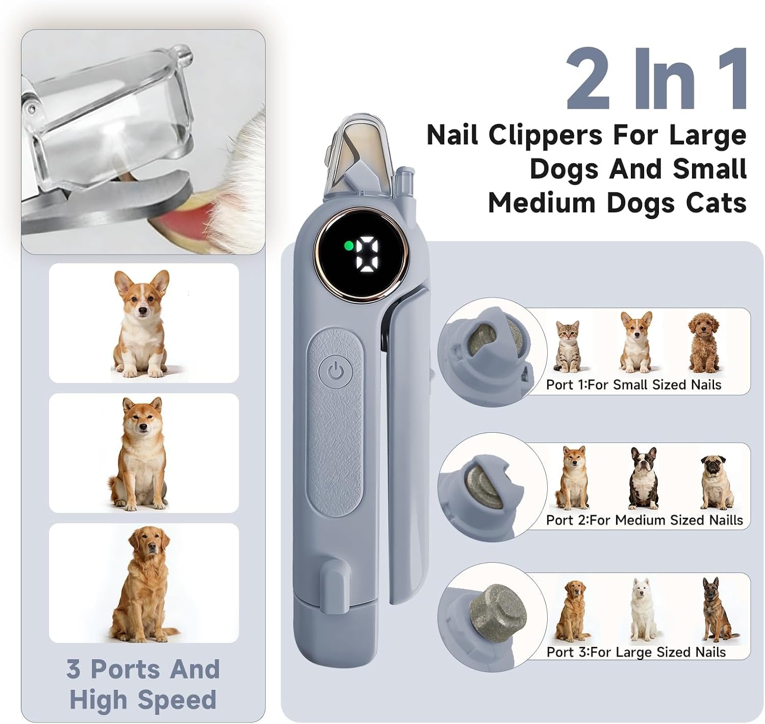 2-In-1 Dog Cat Nail Clipper & Grinder with LED Light (Grey) | Pet Nail Trimmers for Large Medium Small Dogs Cats Quick Sensor Safety Guard USB Rechargeable 2 LED Lights 3 Speed Grinder