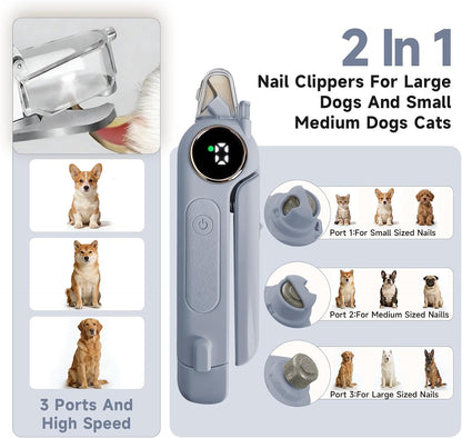 2-In-1 Dog Cat Nail Clipper & Grinder with LED Light (Grey) | Pet Nail Trimmers for Large Medium Small Dogs Cats Quick Sensor Safety Guard USB Rechargeable 2 LED Lights 3 Speed Grinder