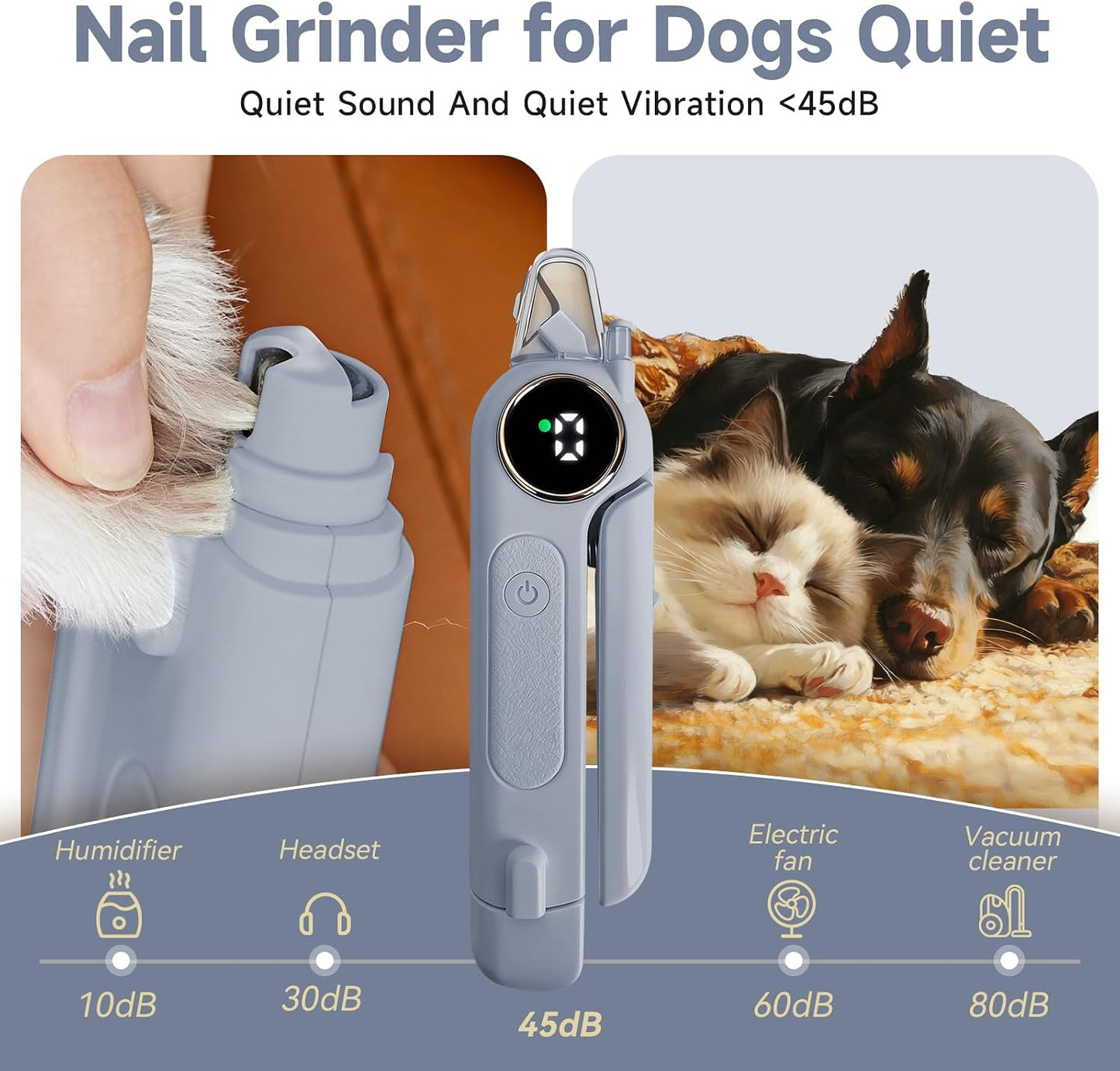 2-In-1 Dog Cat Nail Clipper & Grinder with LED Light (Grey) | Pet Nail Trimmers for Large Medium Small Dogs Cats Quick Sensor Safety Guard USB Rechargeable 2 LED Lights 3 Speed Grinder