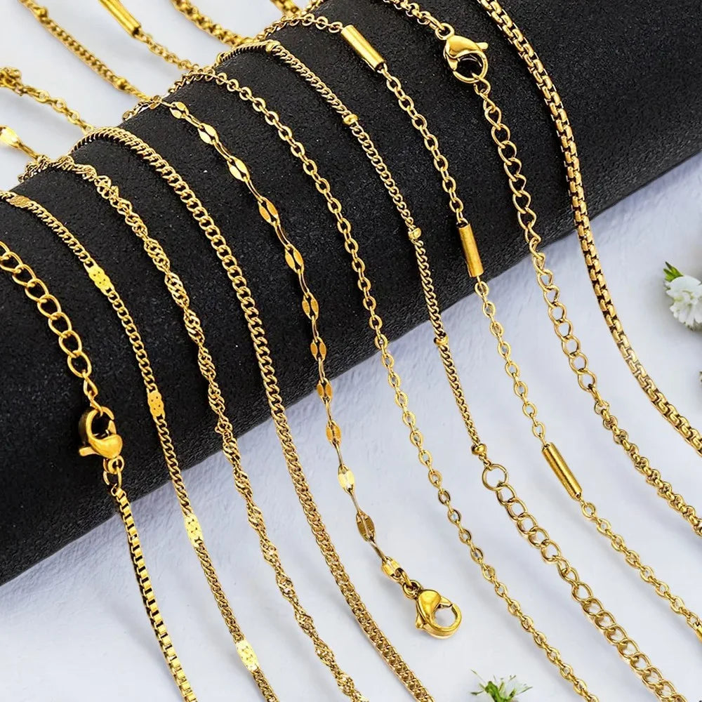 5Pcs Stainless Steel Bead Chain Cuba Cross O Ripple Chain Necklace Plated Gold 45CM Adjustable Chain Lobster Clasp DIY Necklace