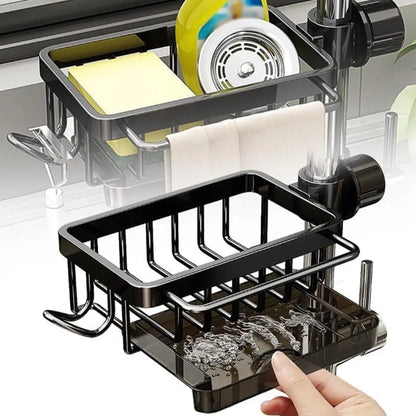 Aluminium Kitchen Sink Faucet Organizer, Adjustable Detachable Dish Sponge Holder, with Drain Basin, Rustproof Storage Rack