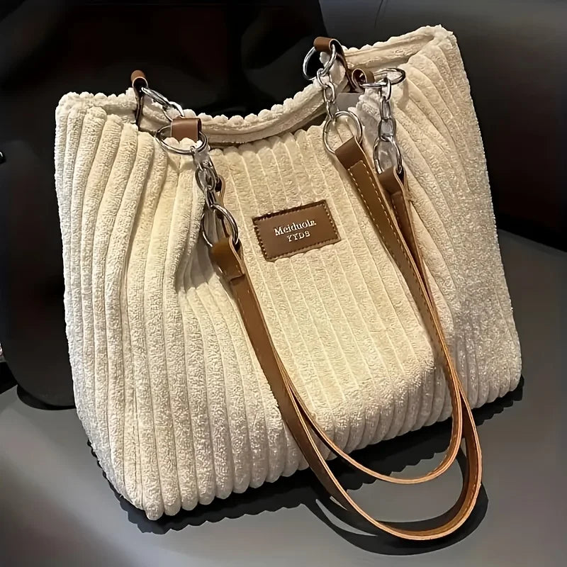 Stylish Corduroy Tote Bag for Women, Large Capacity Plush Shoulder Bag, Versatile Commuter & Travel Bag.