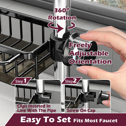 Aluminium Kitchen Sink Faucet Organizer, Adjustable Detachable Dish Sponge Holder, with Drain Basin, Rustproof Storage Rack