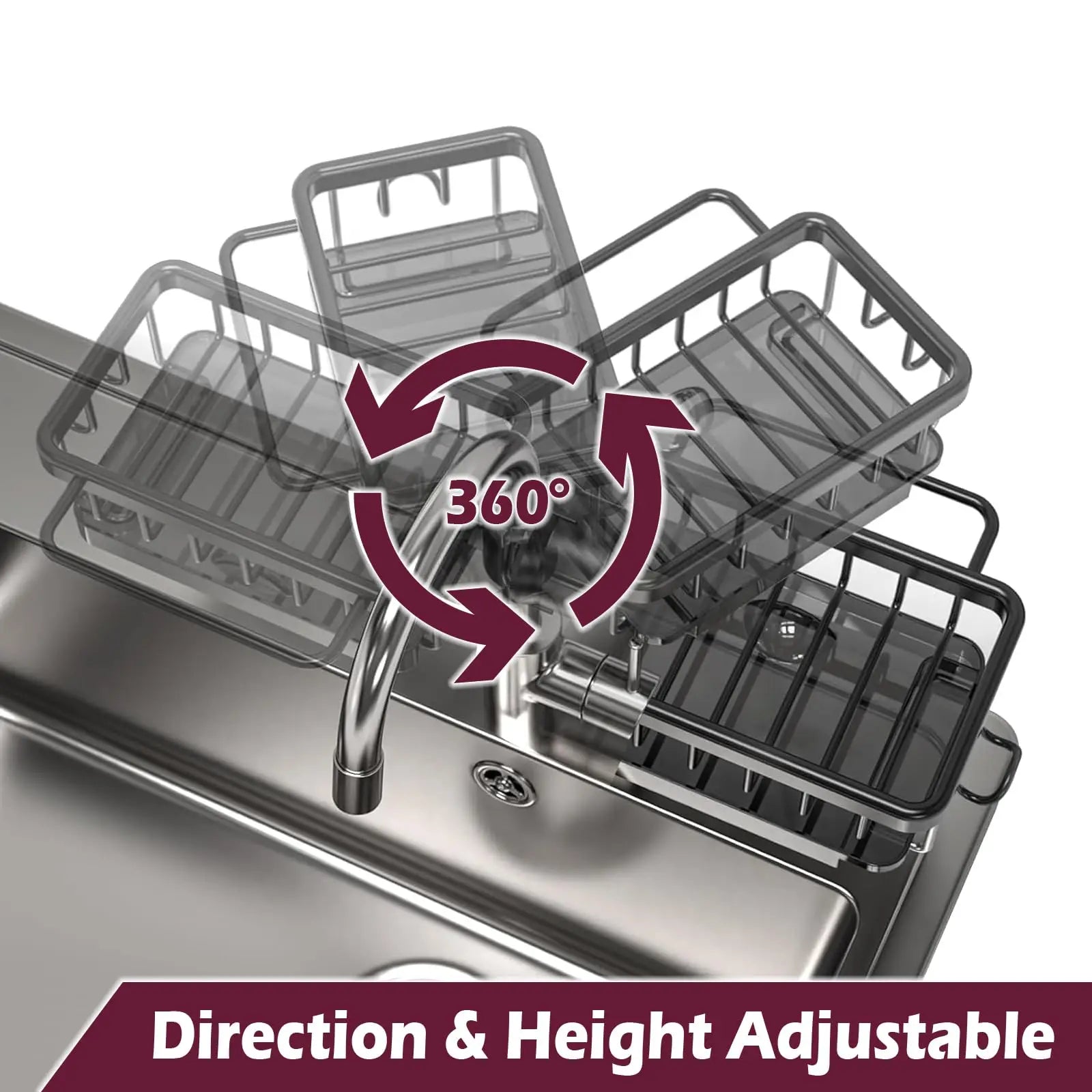 Aluminium Kitchen Sink Faucet Organizer, Adjustable Detachable Dish Sponge Holder, with Drain Basin, Rustproof Storage Rack