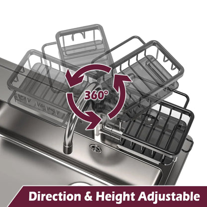 Aluminium Kitchen Sink Faucet Organizer, Adjustable Detachable Dish Sponge Holder, with Drain Basin, Rustproof Storage Rack