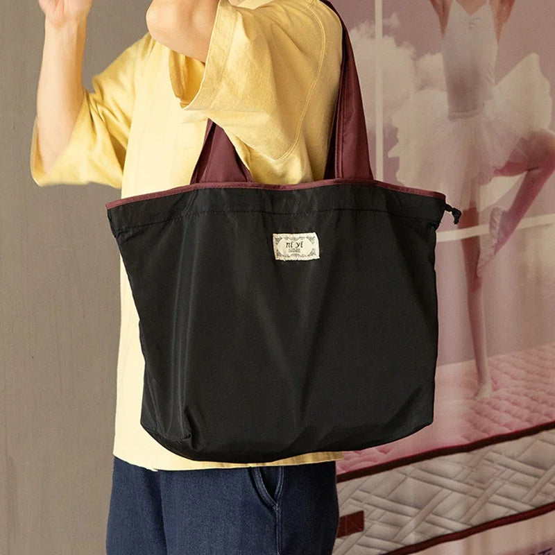 Women Fashion Shopping Bag Eco Large Polyester Beach Bag Tote Large Capacity Reusable Drawstring Bag Nylon Foldable Grocery Bag