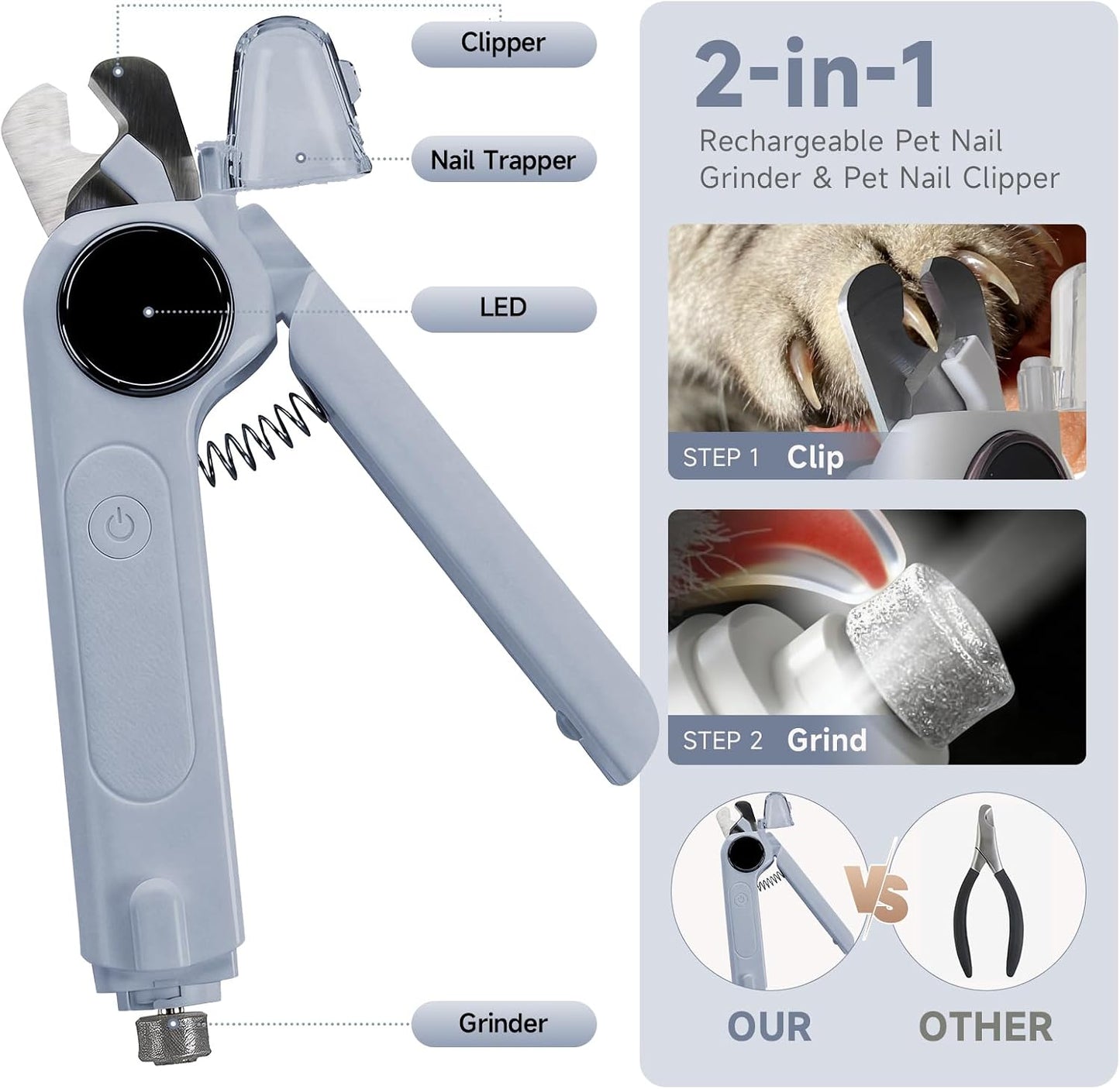 2-In-1 Dog Cat Nail Clipper & Grinder with LED Light (Grey) | Pet Nail Trimmers for Large Medium Small Dogs Cats Quick Sensor Safety Guard USB Rechargeable 2 LED Lights 3 Speed Grinder