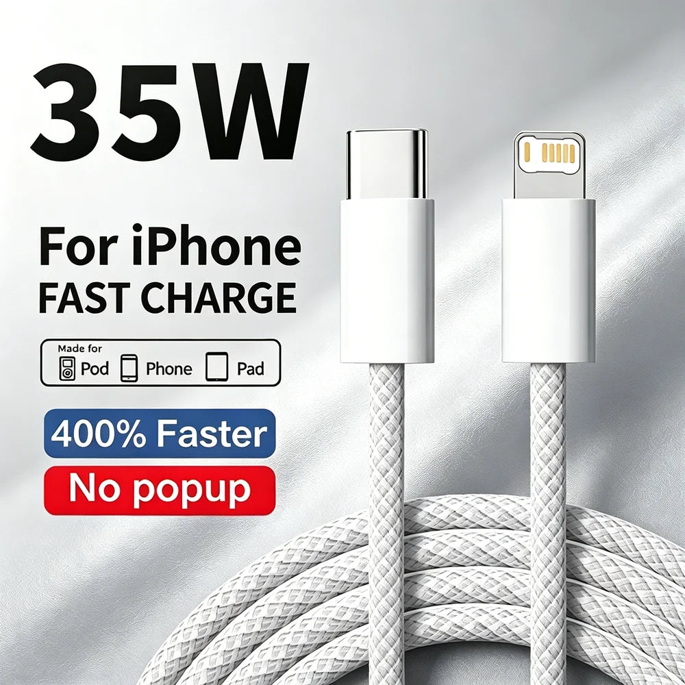 35W Fast Charge Braided USB-C Cable – PD Quick Charging Data Cable for iPhone, 1m/2m