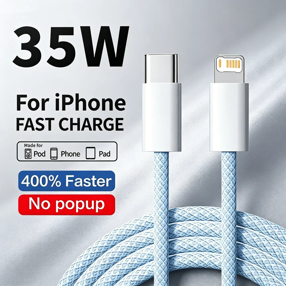 35W Fast Charge Braided USB-C Cable – PD Quick Charging Data Cable for iPhone, 1m/2m
