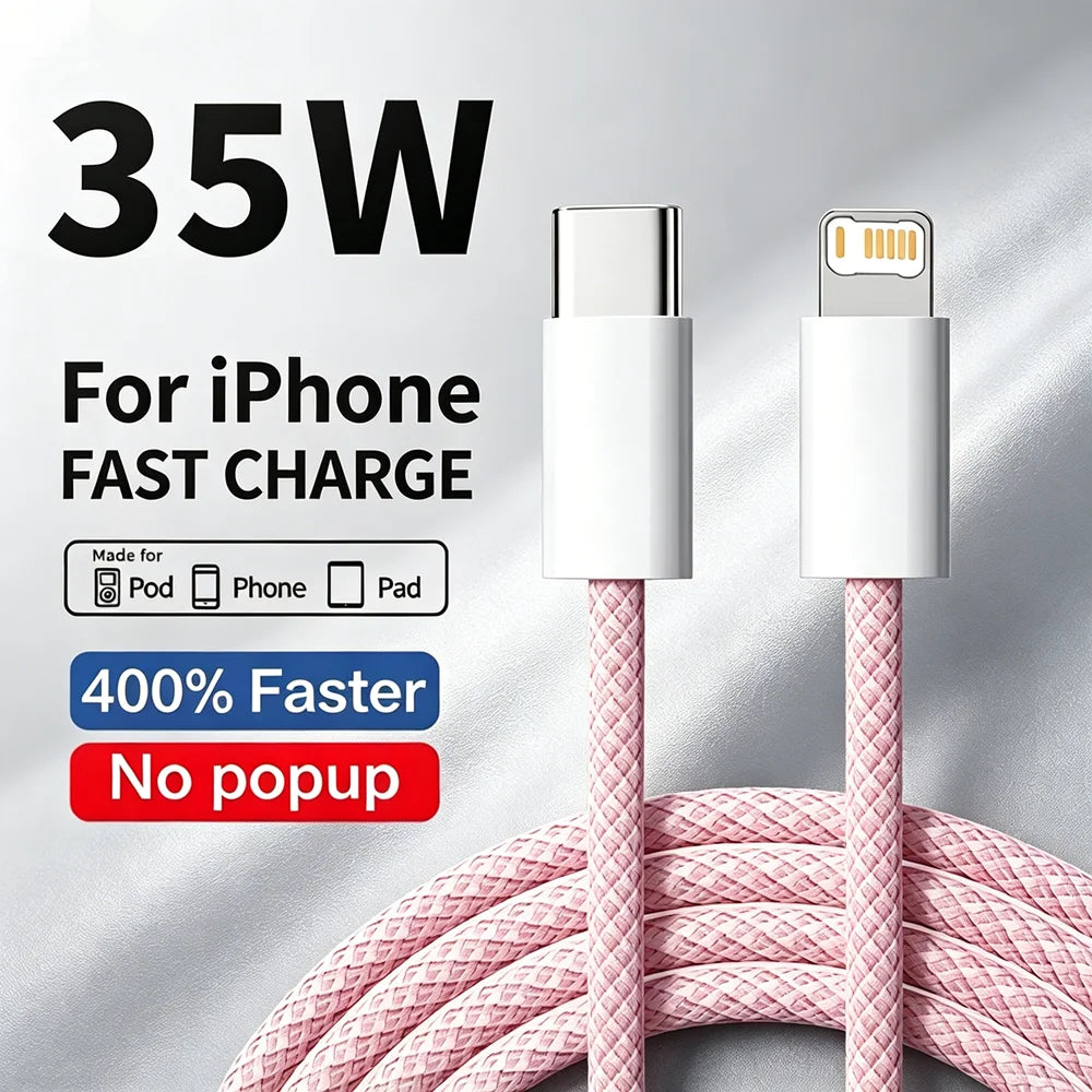 35W Fast Charge Braided USB-C Cable – PD Quick Charging Data Cable for iPhone, 1m/2m