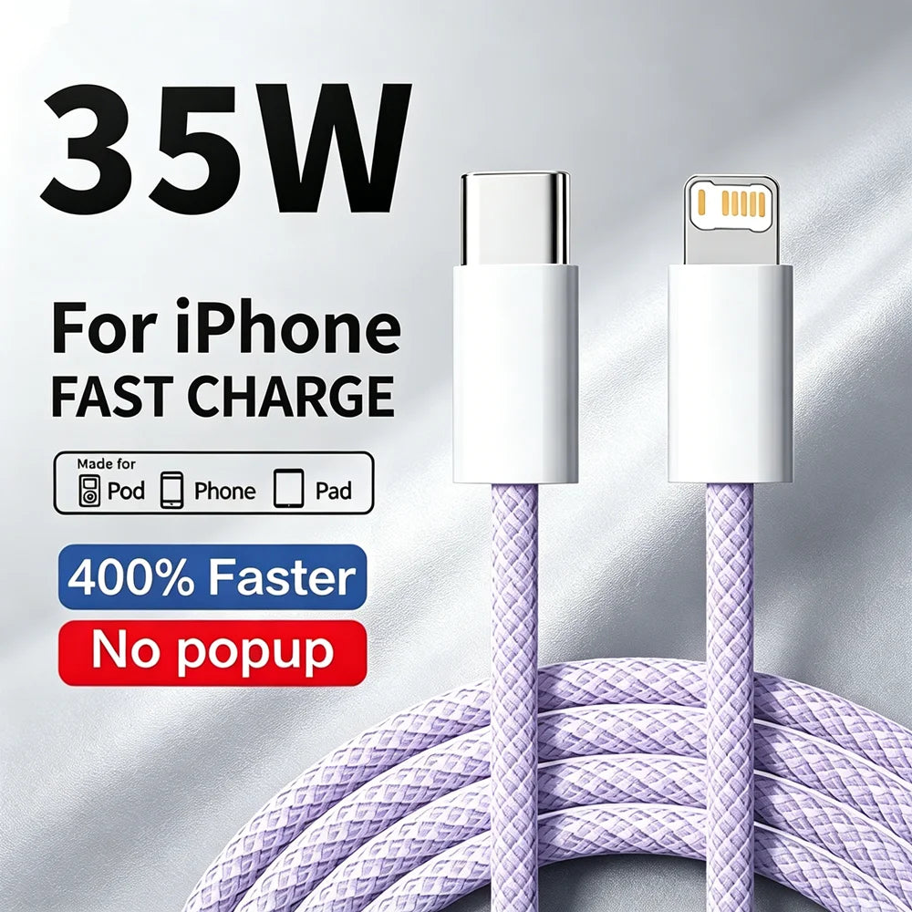 35W Fast Charge Braided USB-C Cable – PD Quick Charging Data Cable for iPhone, 1m/2m
