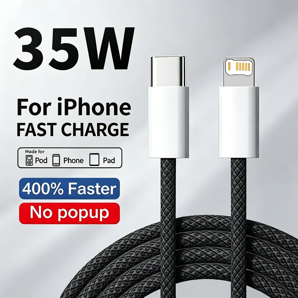 35W Fast Charge Braided USB-C Cable – PD Quick Charging Data Cable for iPhone, 1m/2m
