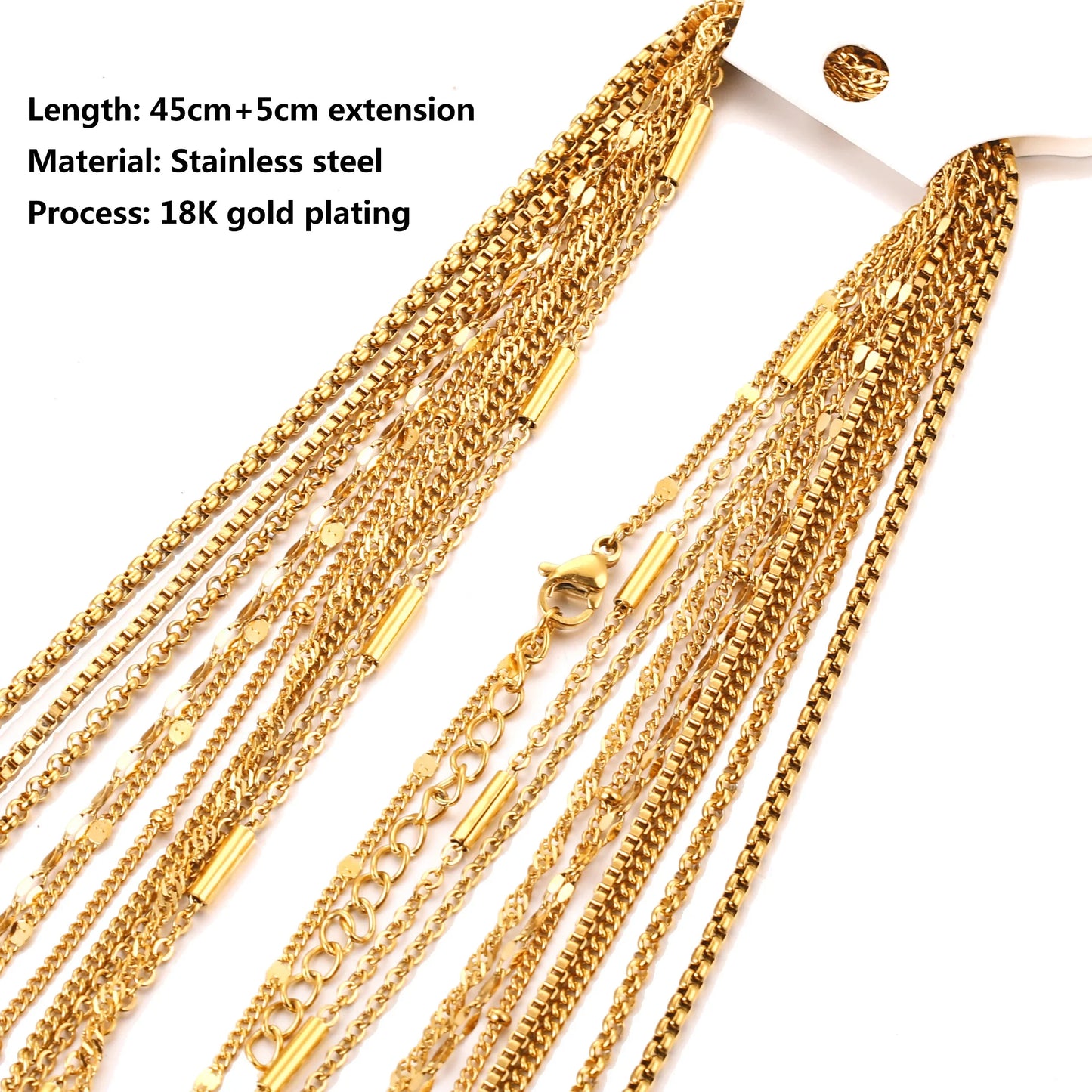 5Pcs Stainless Steel Bead Chain Cuba Cross O Ripple Chain Necklace Plated Gold 45CM Adjustable Chain Lobster Clasp DIY Necklace