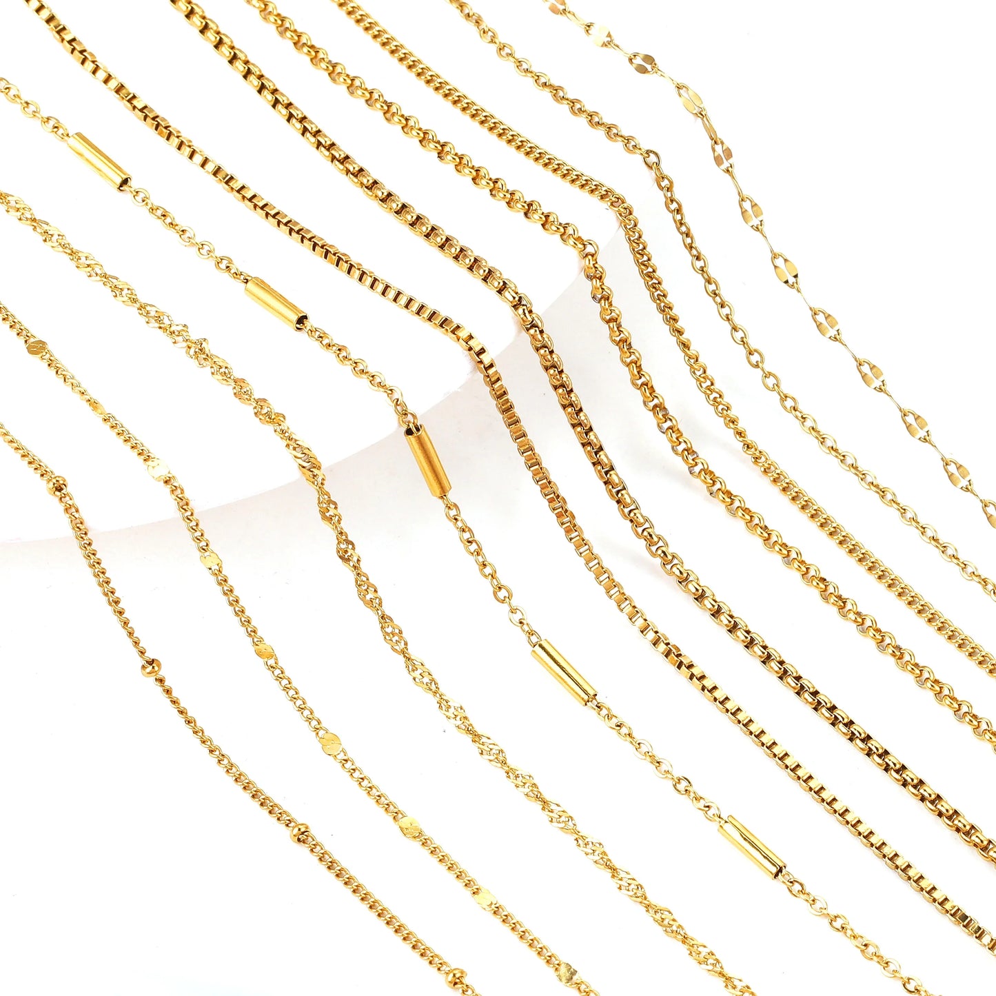 5Pcs Stainless Steel Bead Chain Cuba Cross O Ripple Chain Necklace Plated Gold 45CM Adjustable Chain Lobster Clasp DIY Necklace