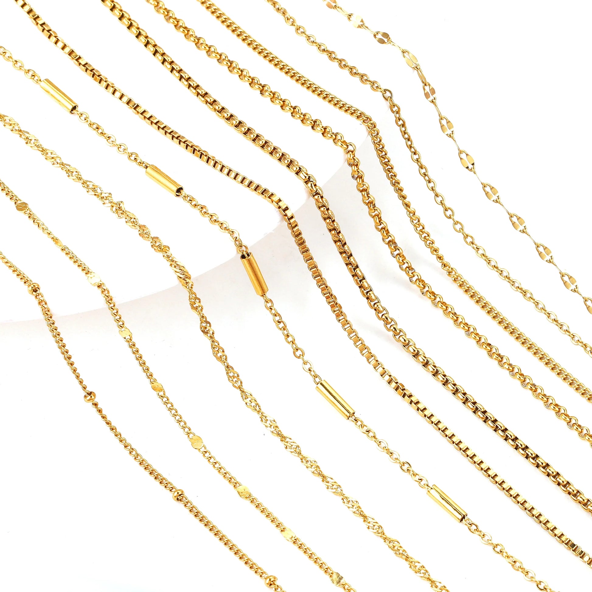 5Pcs Stainless Steel Bead Chain Cuba Cross O Ripple Chain Necklace Plated Gold 45CM Adjustable Chain Lobster Clasp DIY Necklace