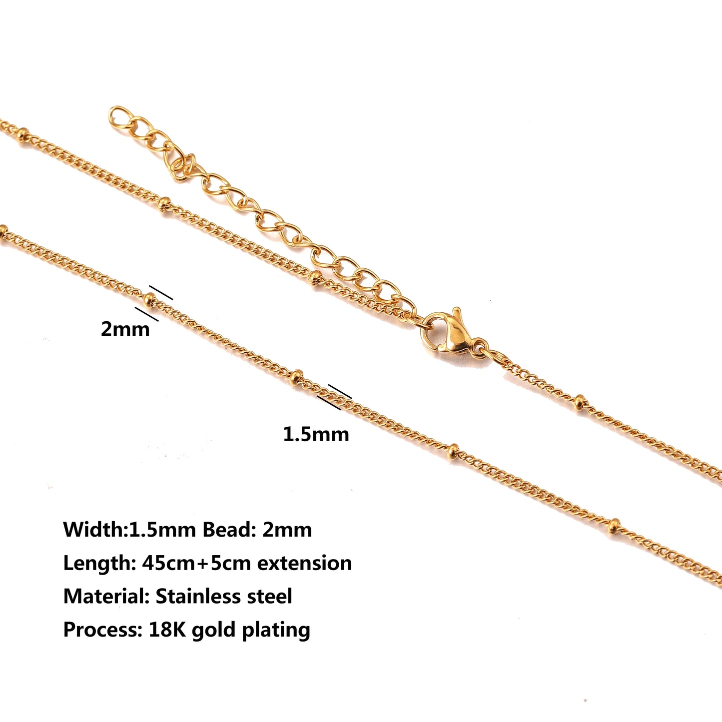 5Pcs Stainless Steel Bead Chain Cuba Cross O Ripple Chain Necklace Plated Gold 45CM Adjustable Chain Lobster Clasp DIY Necklace