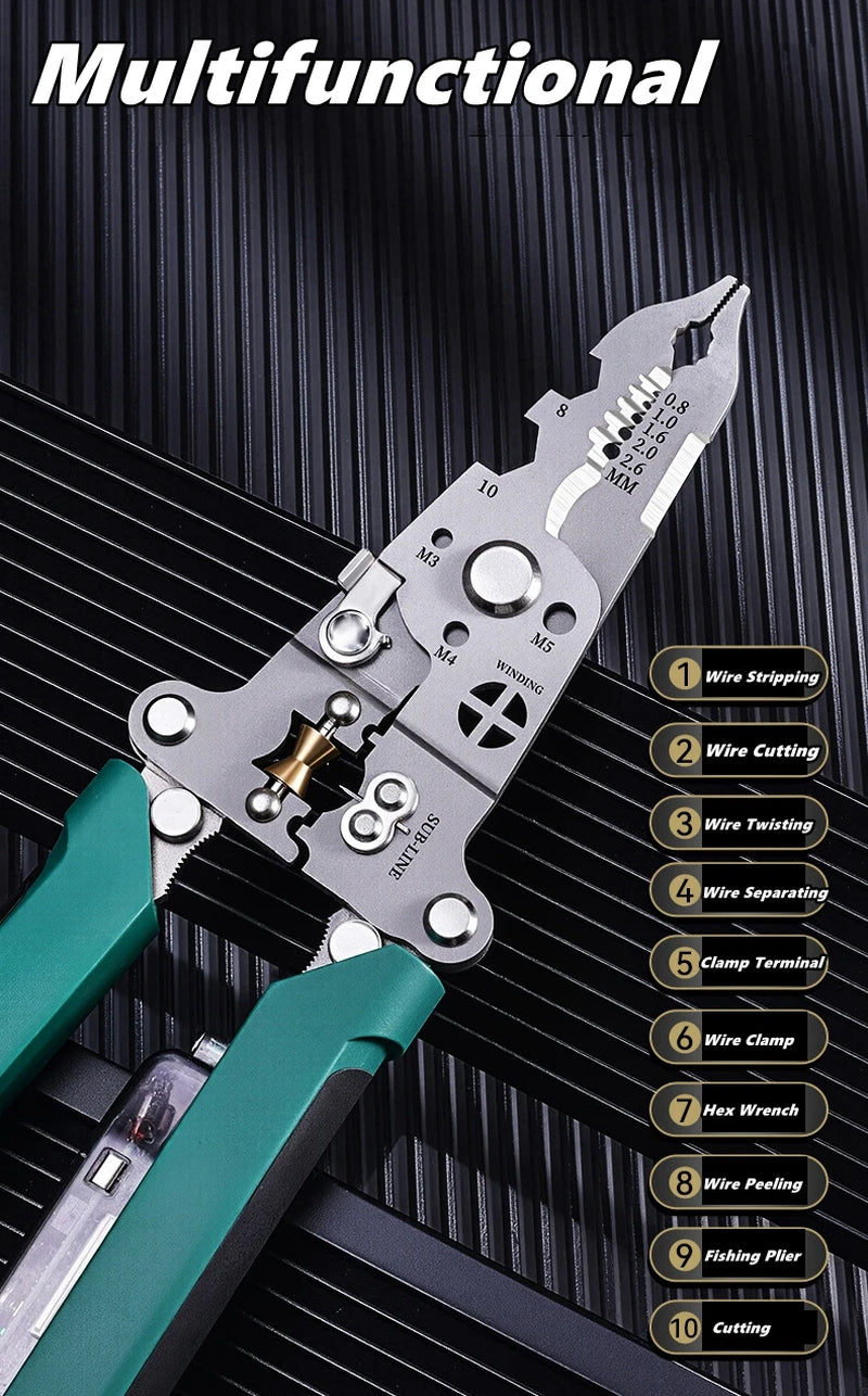 Multifunctional Wire Stripper with Electrical Test Pen Foldable Cable Cutter Crimper Tool, Electrical Folding Pliers for Cutting