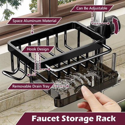 Aluminium Kitchen Sink Faucet Organizer, Adjustable Detachable Dish Sponge Holder, with Drain Basin, Rustproof Storage Rack
