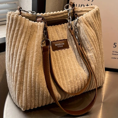 Stylish Corduroy Tote Bag for Women, Large Capacity Plush Shoulder Bag, Versatile Commuter & Travel Bag.