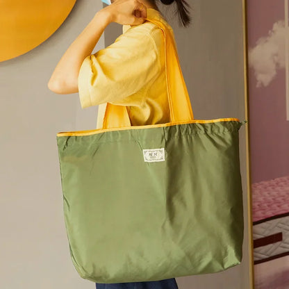 Women Fashion Shopping Bag Eco Large Polyester Beach Bag Tote Large Capacity Reusable Drawstring Bag Nylon Foldable Grocery Bag