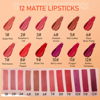12-Color Lipstick Matte Waterproof Velvet Pigment Nude Rouge Waterproof Long Lasting Lip Profissional Cosmetics Beauty